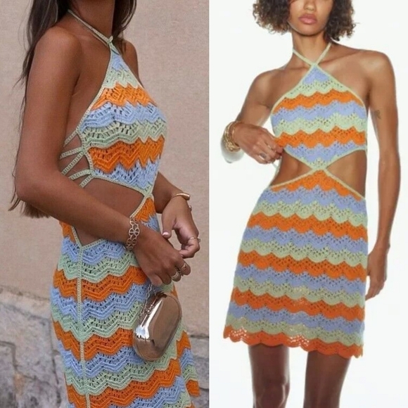 Zara Dresses & Skirts - ZARA Colorful Cut Out Scalloped Stripe Crochet Mini Halter Dress, Sheer, M
